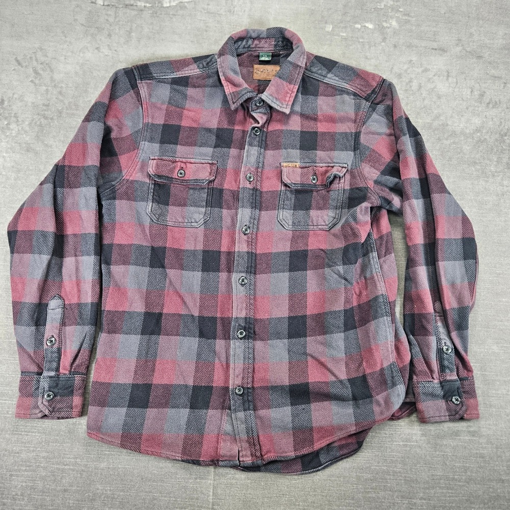 Orvis Mens Heavy Flannel Shirt Lrg Burgundy Gray‎ Plaid Button Up Long Sleeve
